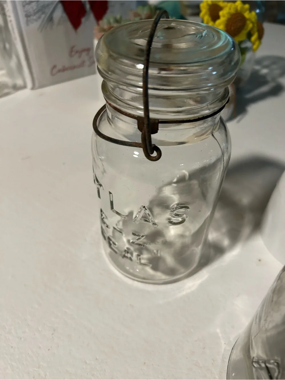 Pristine Condition Set of 4 Vintage Clear Glass ATLAS Mason Jars, Wire Bail Lid